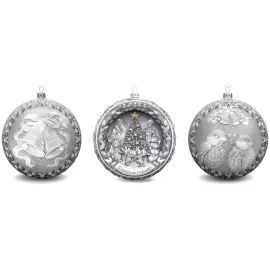 Set of 3 silver Christmas balls "Bells, Happy childhood and Bullfinches"